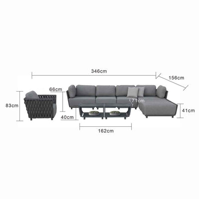 Outdoor furniture from the Lawson Collection, featuring a wicker lounge chair, outdoor dining furniture, and a Rope 7-seater lounge with charcoal frame, cushions, and unique rope side detailing.
