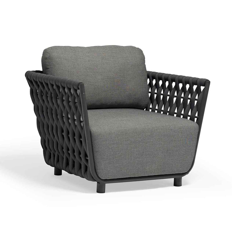 Outdoor furniture set from Lawson Collection featuring a wicker lounge chair, rope armchair with charcoal frame and cushion, and coffee table on a white background.