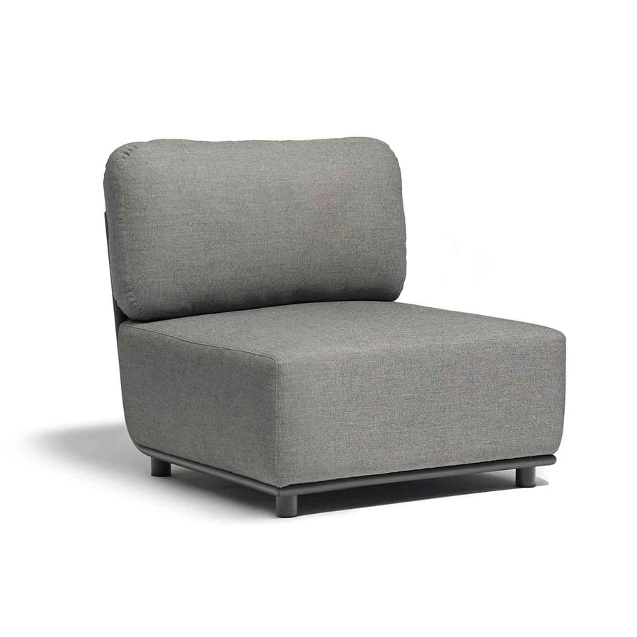 Outdoor furniture set from Lawson Collection featuring a wicker lounge chair, rope armless chair with charcoal frame and cushions, and other pieces on a white background.