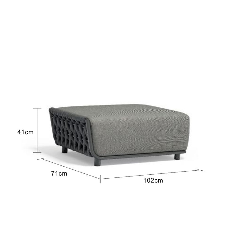 Outdoor furniture from the Lawson Collection, featuring a wicker lounge chair, rope chair, and a Rope Ottoman with charcoal frame and charcoal cushions on a white background.