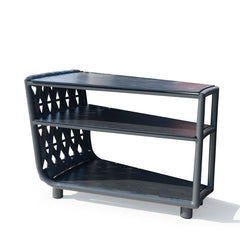 One of our black 84 cm rope 'Lawson' outdoor side tables, featuring 3 shelves, displayed on a plain white background, viewed from a front angle.
