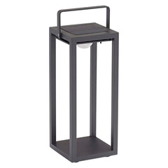 The rectangular black 'Lincoln' aluminium solar-powered lamp, perfect for outdoor lighting, is displayed on a plain white background, viewed from a front angle. The handle at the top of the lamp is put up.