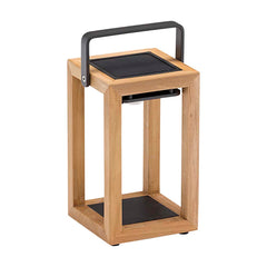 The small wooden rectangular 'Lincoln' solar-powered lamp, made from durable teak, perfect for outdoor lighting, is displayed on a plain white background, viewed a front angle. The handle at the top of the lamp is put up.
