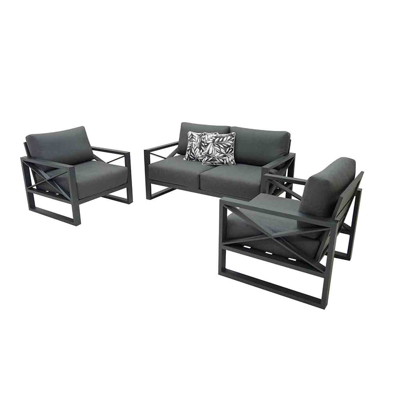 Outdoor furniture set from Linear Lounge collection, including aluminum outdoor lounge chair, two-seater, and three-seater sofa in charcoal or white.