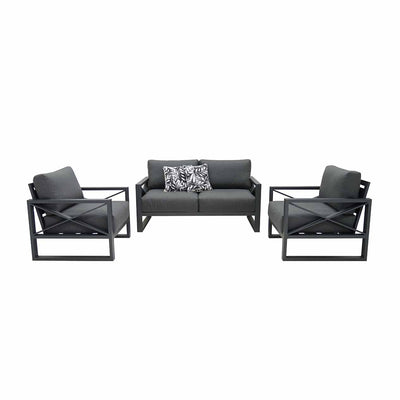 Outdoor furniture set from Linear Lounge collection, including aluminum outdoor lounge chair, two-seater, and three-seater sofa in charcoal or white.