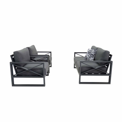 Aluminum outdoor furniture from Linear Lounge collection, including outdoor lounge chair and sofas, in charcoal or white.