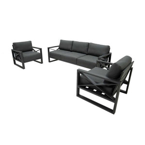 Outdoor furniture set from Linear Lounge collection, including aluminum outdoor lounge chair, two-seater, and three-seater in charcoal or white, on a white background.