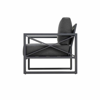 Outdoor furniture collection featuring aluminium outdoor lounge chair, two-seater, and three-seater sofas in charcoal or white, inspired by Hamptons style.