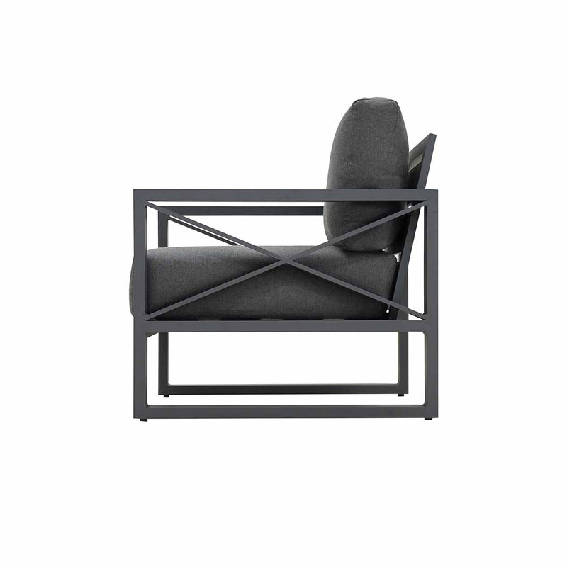 Outdoor furniture collection featuring aluminium outdoor lounge chair, two-seater, and three-seater sofas in charcoal or white, inspired by Hamptons style.