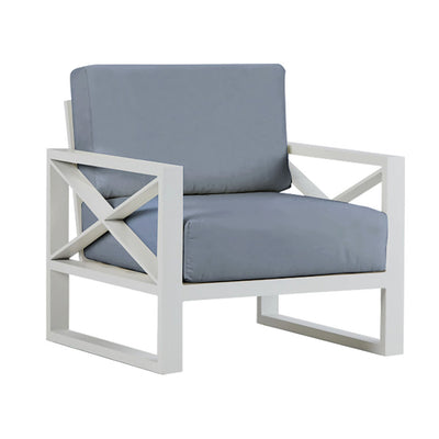 Outdoor furniture collection featuring aluminium outdoor lounge chair, two-seater, and three-seater sofas in charcoal or white, with an aluminium armchair with white frame and light grey cushions on a white background.