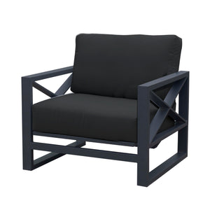 Charcoal Linear Lounge outdoor chairs, part of aluminum outdoor furniture collection, featuring a black chair with a black cushion on it for a stylish outdoor lounge.