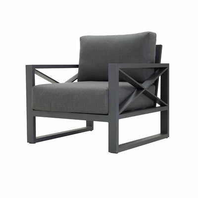 Outdoor furniture collection featuring aluminium outdoor lounge chair, two-seater, and three-seater sofas in charcoal or white, inspired by Hamptons style. Current image: An aluminium armchair with charcoal frame cushions on a white background.