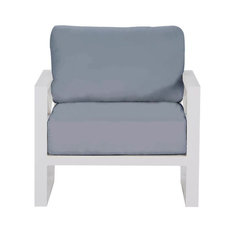 Outdoor furniture collection featuring aluminium outdoor lounge chair, two-seater, and three-seater sofas in charcoal or white, with an aluminium armchair with white frame and light grey cushions on a white background.