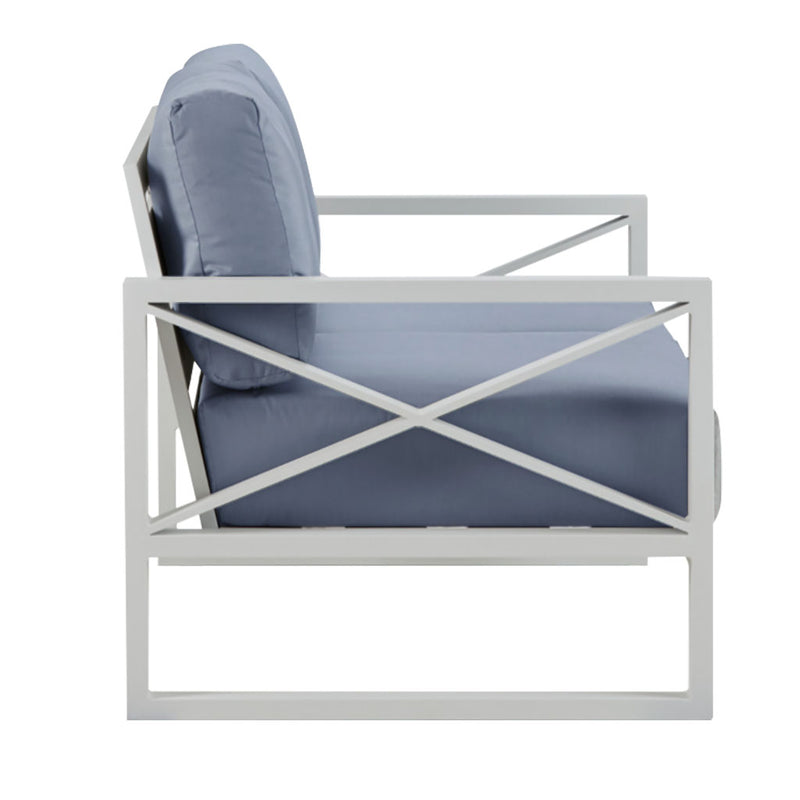 Outdoor furniture collection featuring aluminium outdoor lounge chair, two-seater, and three-seater sofas in charcoal or white, with an aluminium armchair with white frame and light grey cushions on a white background.