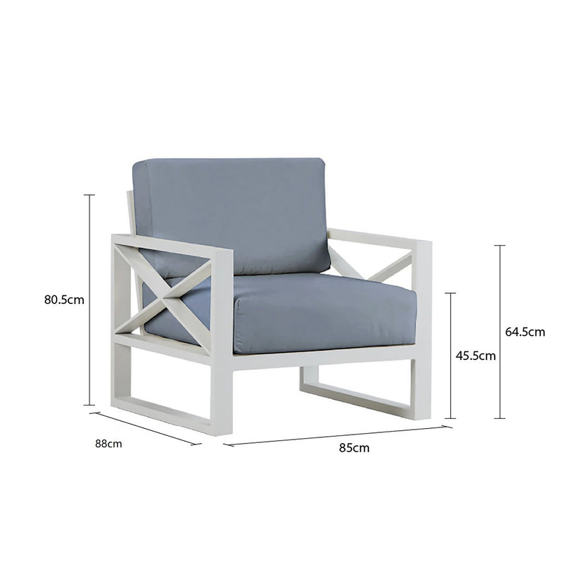 Outdoor furniture collection featuring aluminium outdoor lounge chair, two-seater, and three-seater sofas in charcoal or white, with an aluminium armchair with white frame and light grey cushions on a white background.