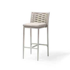 White & beige rope 'Boston' outdoor bar stool, displayed on a plain white background, viewed from a front angle.
