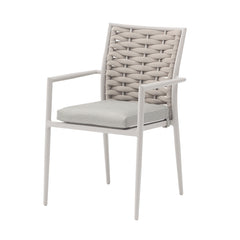 White & beige rope 'Boston' outdoor dining chair, ideal for alfresco furniture setups, displayed on a plain white background, viewed from a front angle.
