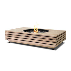 Brown rectangular EcoSmart Martini outdoor firepit made from teak displayed on a plain white background, viewed from a front angle.