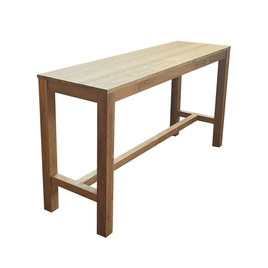 Light-brown 200 cm rectangular wooden outdoor bar table, made of recycled teak, displayed on a plain white background, viewed from a front angle.