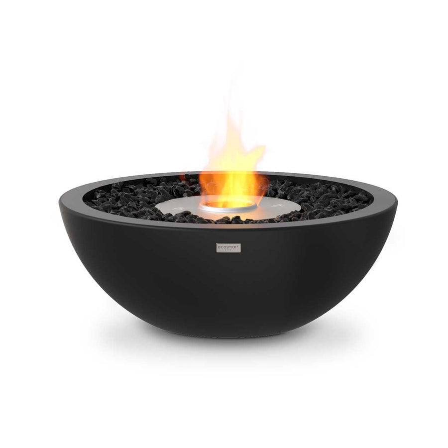 Black round Ecosmart Mix600 firepit set against a white background, perfect for complementing outdoor furniture.