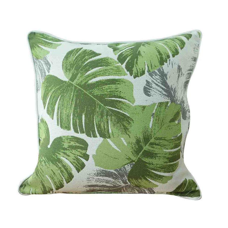 The green & grey 45 cm Monstera outdoor cushion with the leaf pattern design is displayed on a plain white background, viewed from the front. This cushion is excellent if you&