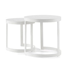 2 piece, white, round, aluminium 'Neverland' outdoor side table displayed on a plain white background, viewed from the front.