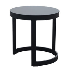 44 cm black round aluminium 'Neverland' outdoor side table displayed on a plain white background, viewed from a front angle.
