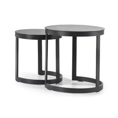2 piece, black, round, aluminium 'Neverland' outdoor side table displayed on a plain white background, viewed from the front.