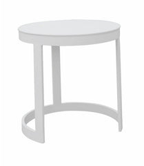 44 cm white round aluminium 'Neverland' outdoor side table displayed on a plain white background, viewed from a front angle.