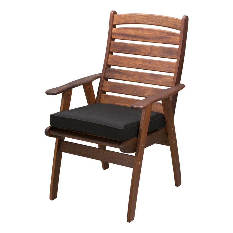 Outdoor wooden armchair featuring a large, black, seat cushion. The armchair is displayed on a plain white background, viewed from a front angle.