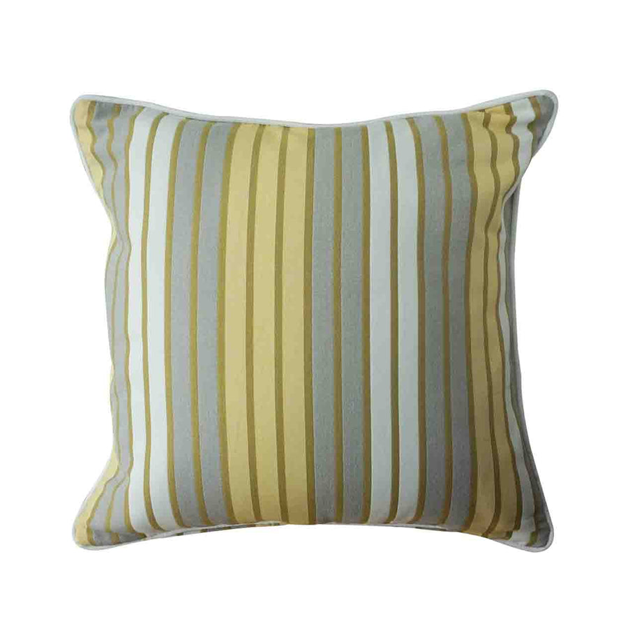Yellow & grey striped outdoor scatter cushion, measuring 45 x 45 cm, set against a plain white background. This cushion is excellent if you&