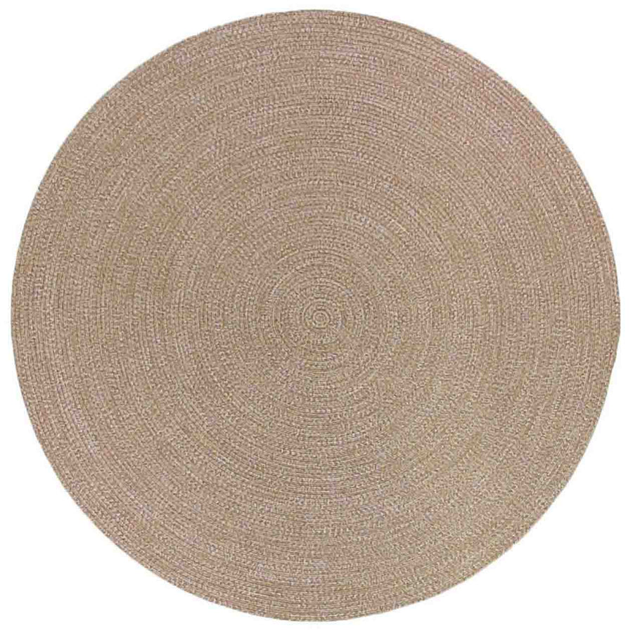 Light-brown round rug set against a plain white background, ideal for outdoor furniture areas.