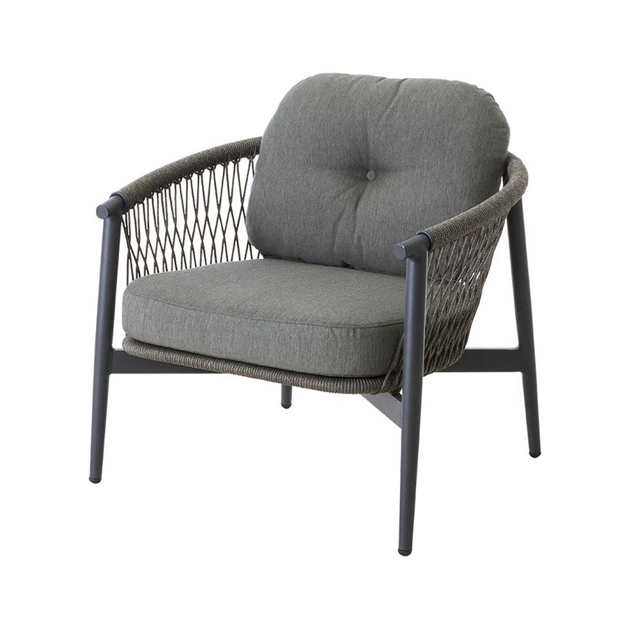 Charcoal-coloured outdoor single-seat balcony rope chair with an aluminium frame displayed on a plain white background, viewed from a front angle.