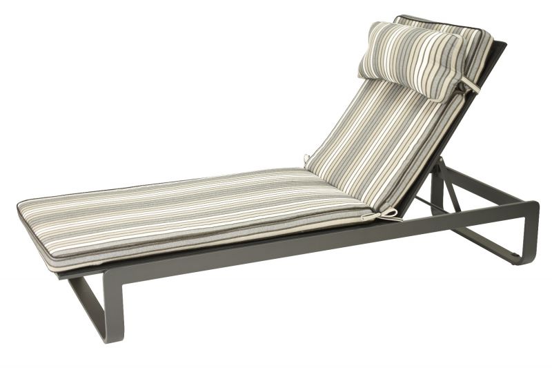 An outdoor aluminium sun lounger with light-brown & grey striped cushioning displayed on a plain white background, viewed from a side angle.