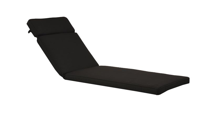 Black outdoor sun lounger cushion displayed on a plain white background, viewed from a side angle.