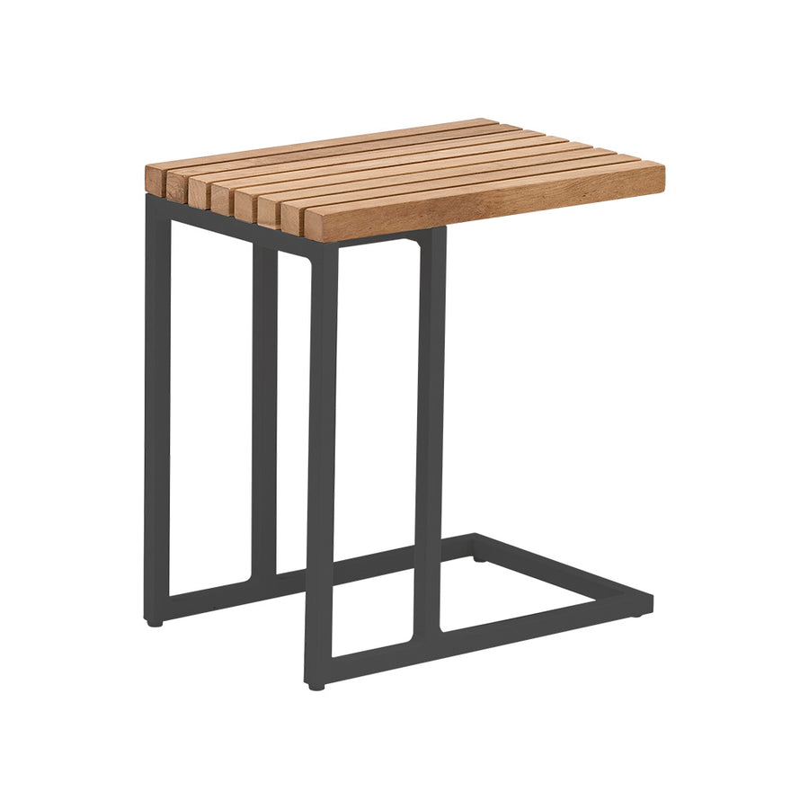 Sleek 45 cm outdoor side table with a dark grey aluminium frame & golden brown teak table top displayed on a plain white background, viewed from a front angle.