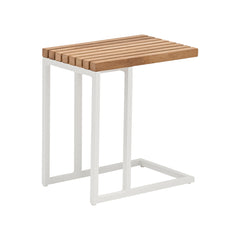 Sleek 45 cm outdoor side table with a white aluminium frame & golden brown teak table top displayed on a plain white background, viewed from a front angle.
