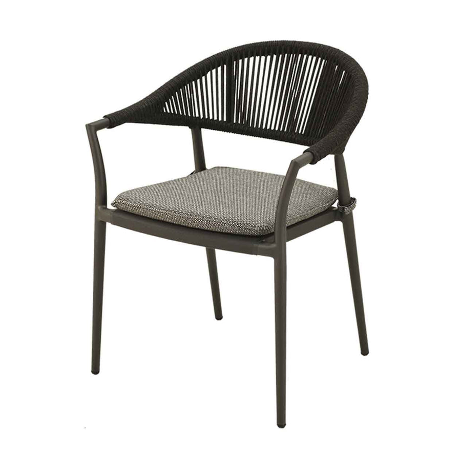 Outdoor furniture: The Windsor Dining Chair, a rope chair with charcoal frame and fabric, perfect for outdoor dining.
