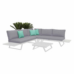 Aluminium outdoor furniture - Yarra Sofa Series 5-seater lounge with grey cushions, teal accent pillows, and matching coffee table, perfect for outdoor lounging.