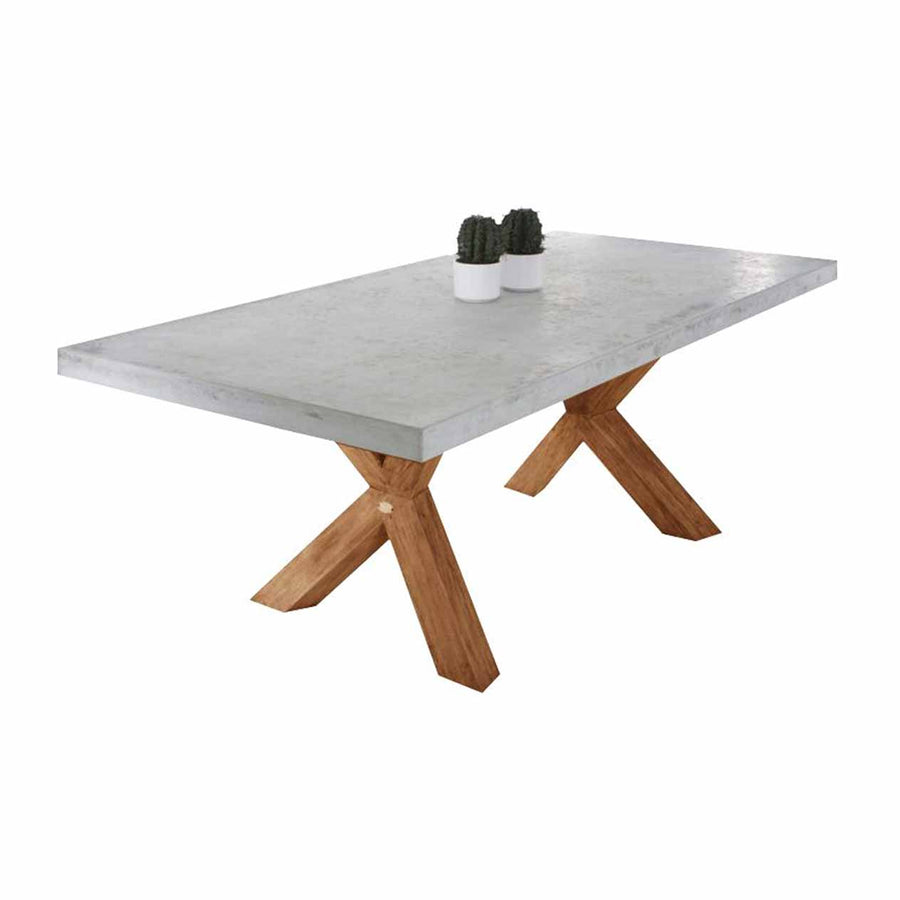 Zen square concrete table from our outdoor furniture collection, with customizable teak or metal legs.