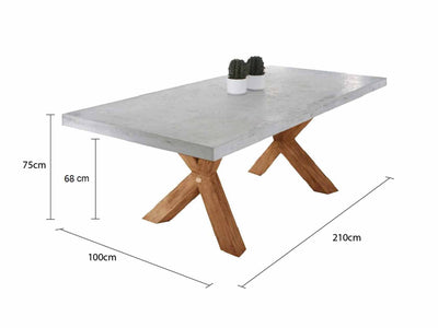 Zen square concrete table from our outdoor furniture collection, with customizable teak or metal legs.