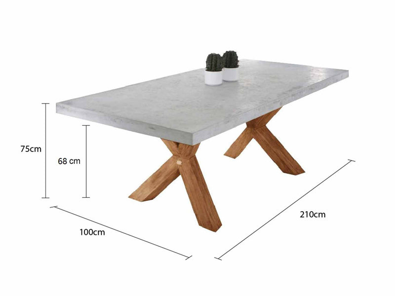 Zen square concrete table from our outdoor furniture collection, with customizable teak or metal legs.