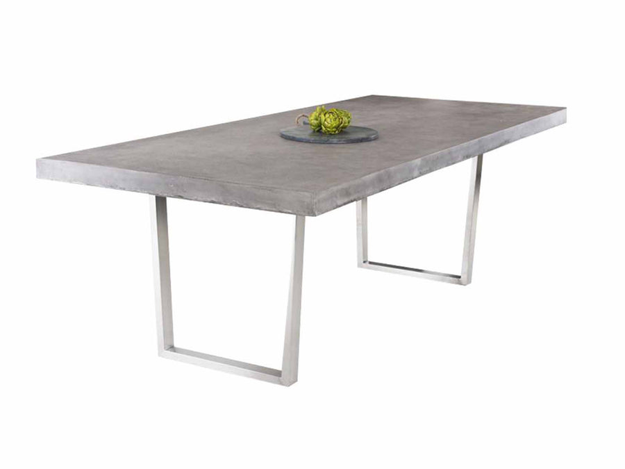 Zen square concrete table with customizable Teak or metal legs, perfect for outdoor furniture.