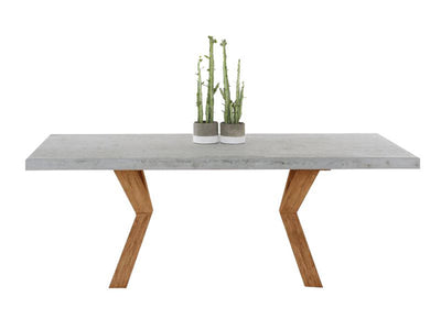 Zen square concrete table from our outdoor furniture collection, with customizable teak or metal legs.