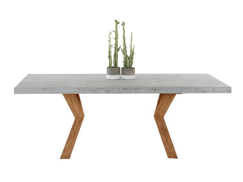 Zen square concrete table from our outdoor furniture collection, with customizable teak or metal legs.