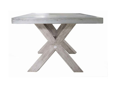 Zen square concrete table from our outdoor furniture collection, with customizable teak or metal legs.