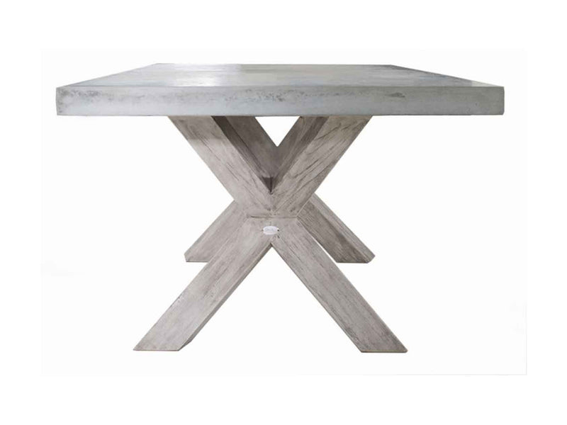 Zen square concrete table from our outdoor furniture collection, with customizable teak or metal legs.