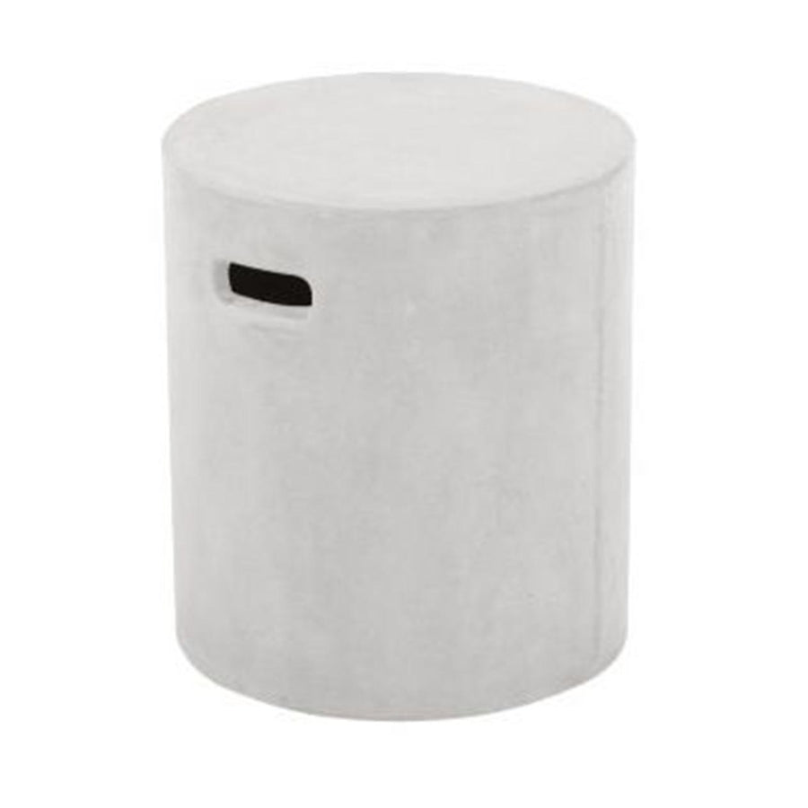 A white-coloured round outdoor stool crafted with glass-fibre-reinforced concrete. This stool is displayed on a plain white background, viewed from the front.