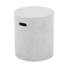 A white-coloured round outdoor stool crafted with glass-fibre-reinforced concrete. This stool is displayed on a plain white background, viewed from the front.