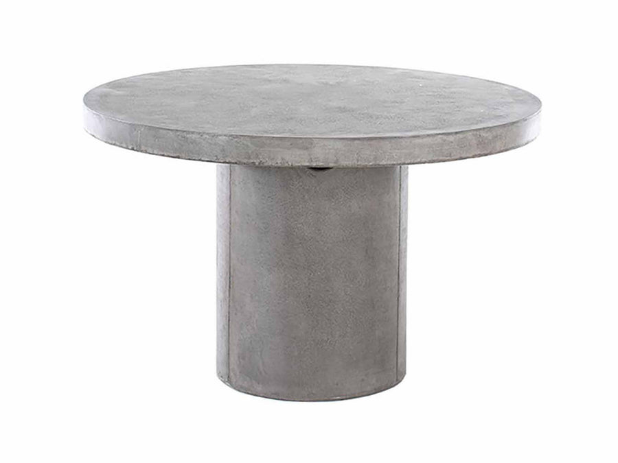 Grey, round, 120 cm concrete 'Zen' outdoor dining table, perfect for alfresco furniture setups, displayed on a plain white background, viewed from the front.